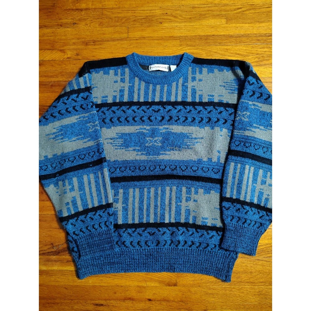 Vintage Saturdays Geometric Crew Knit Sweater Grey Blue Retro Pullover Mens M